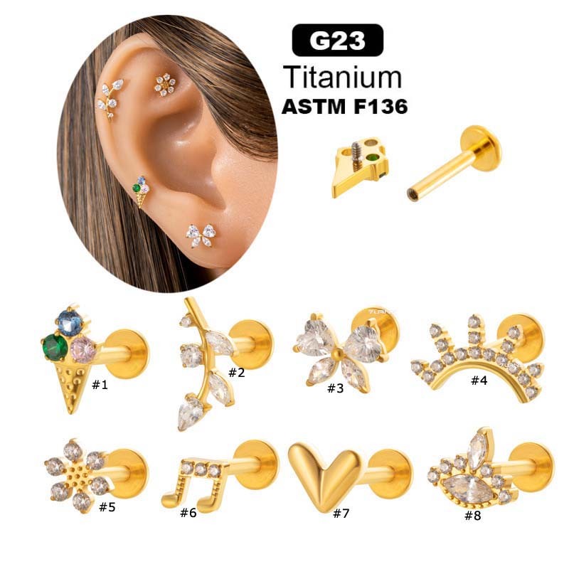 1 ชิ้น G23 ไทเทเนียม Helix กระดูกอ่อนต่างหู Stud หัวแบน Fresh Lip เจาะ Hypoallergenic เพลง Bowknot ดอกไม้รูปร่าง