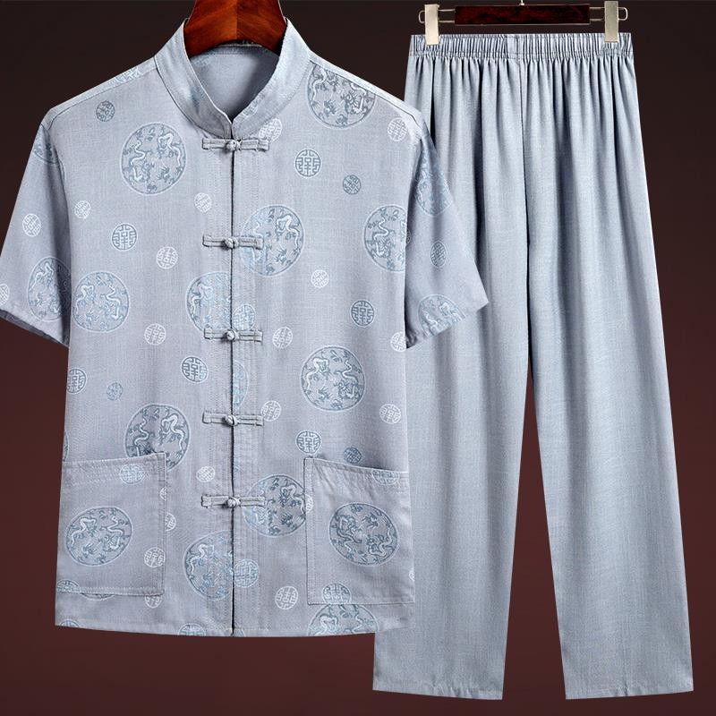 ชุด Hanfu ผู้ชายชุด Tang ชุด Tang วัยกลางคนและผู้สูงอายุชุดคุณปู่ชายชุดคุณพ่อฤดูร้อนชุดแขนสั้นผ้าฝ้ายและผ้าลินินสไตล์จีนเสื้อเชิ้ตผู้สูงอายุ Hanfu --- *