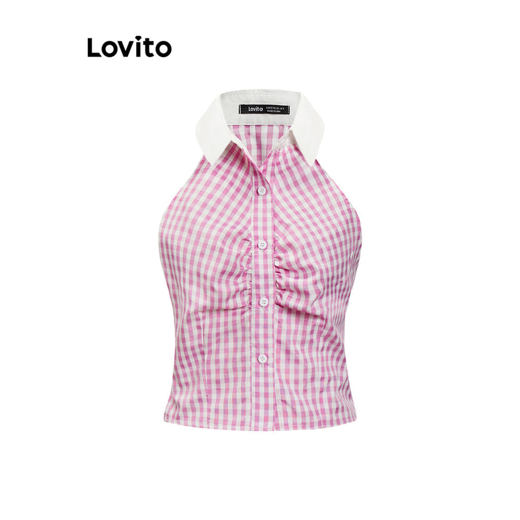 Lovito เสื้อแขนกุดผู้หญิง มีกระดุมหน้า สีพื้น สไตล์เพร็พพี่ L91AD228