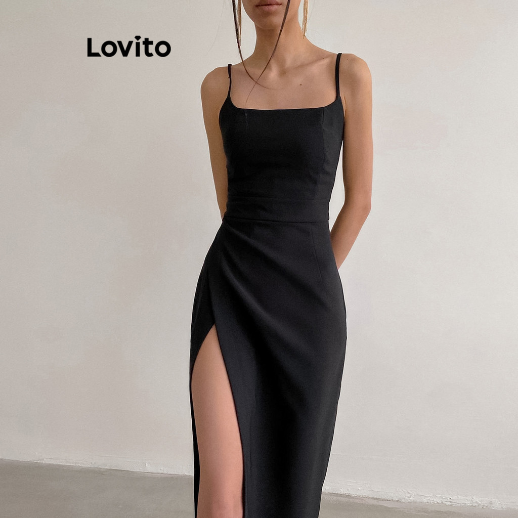 Lovito ชุดเดรสผู้หญิง ผ่าต้นขา สีพื้น หรูหรา LNL41063
