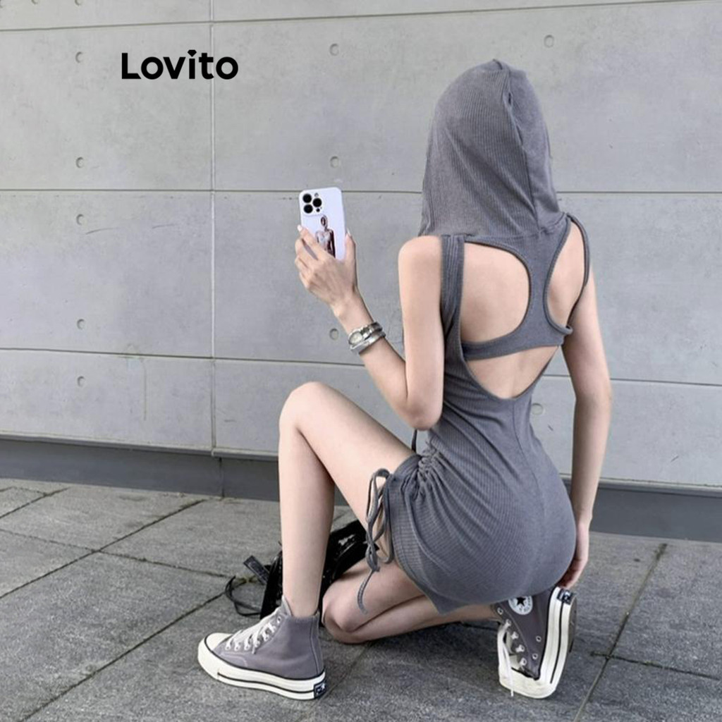 Lovito ชุดจั๊มสูทผู้หญิง คัทเอ้าท์ สีพื้น สไตล์ลำลอง LNA65273