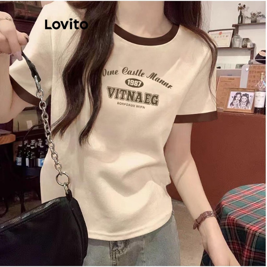 Lovito เสื้อยืดเย็บปักถักร้อยลายการ์ตูนคอนทราสต์สบาย ๆ สำหรับผู้หญิง LNE71016