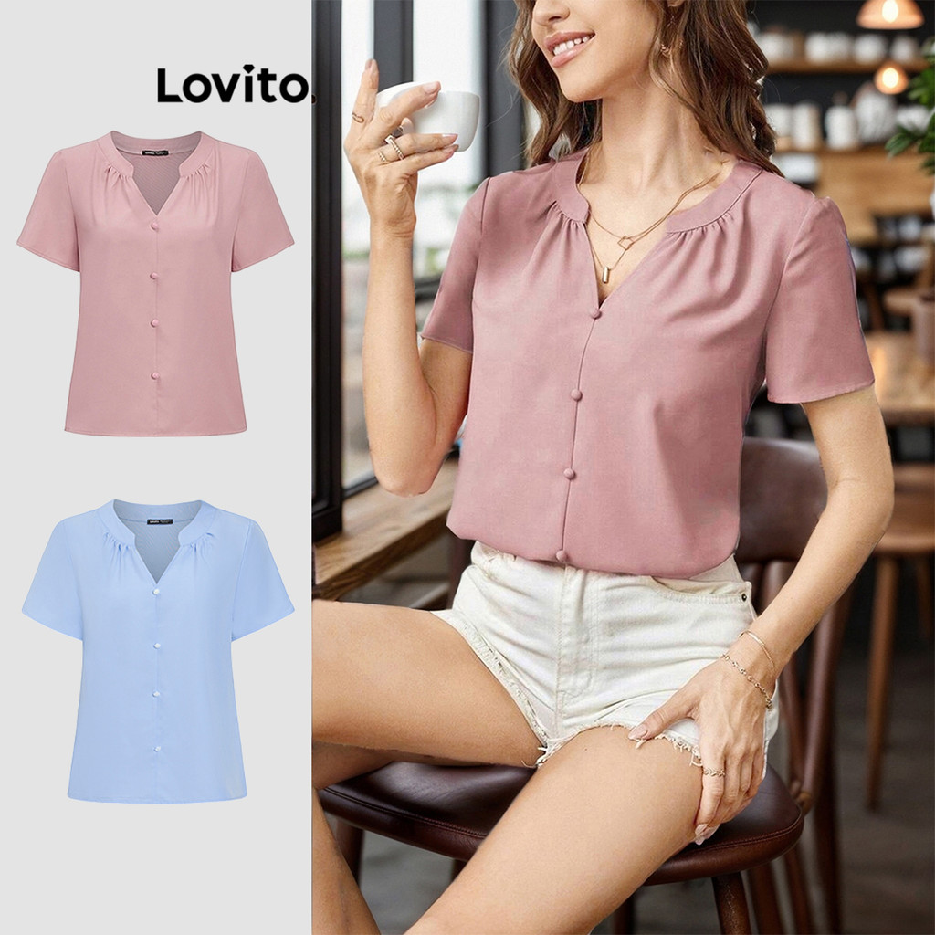 Lovito เสื้อเบลาส์ผู้หญิง แต่งจีบ สีพื้น สไตล์หรูหรา L89ED054(หลากสี)