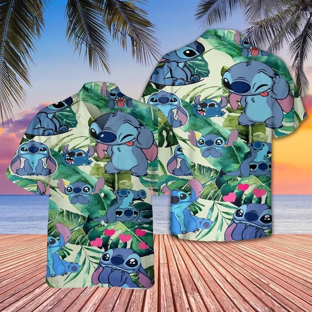 Stitch ฮาวาย Beach เสื้อฤดูร้อนสุดฮอต Disney เสื้อฮาวายวินเทจปุ่มลงเสื้อผู้ชายผู้หญิงเสื้อยืด เสื้อฮาวาย