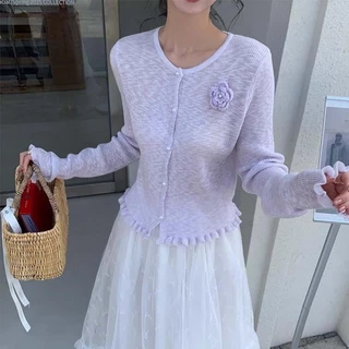 👚Anna👚 เสื้อคาร์ดิแกนถักแขนยาว พร้อมเข็มกลัดดอกไม้แบบถอดได้ ผลิตจากผ้าถักไหมน้ำแข็ง บางเบาสไตล์ฤดูร้อน #F094