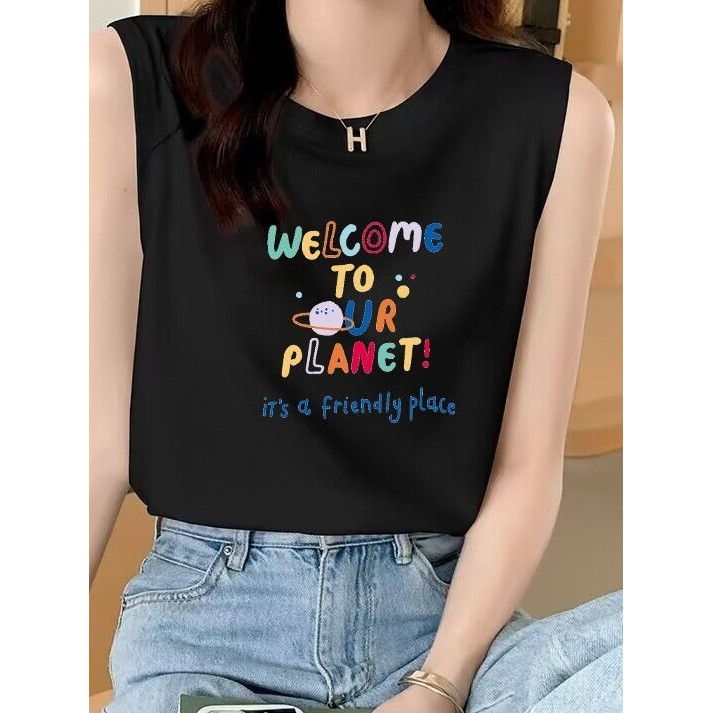 NEW เสื้อแขนกุผู้หญิง สกรีนลายตัวอักษร OP-1075