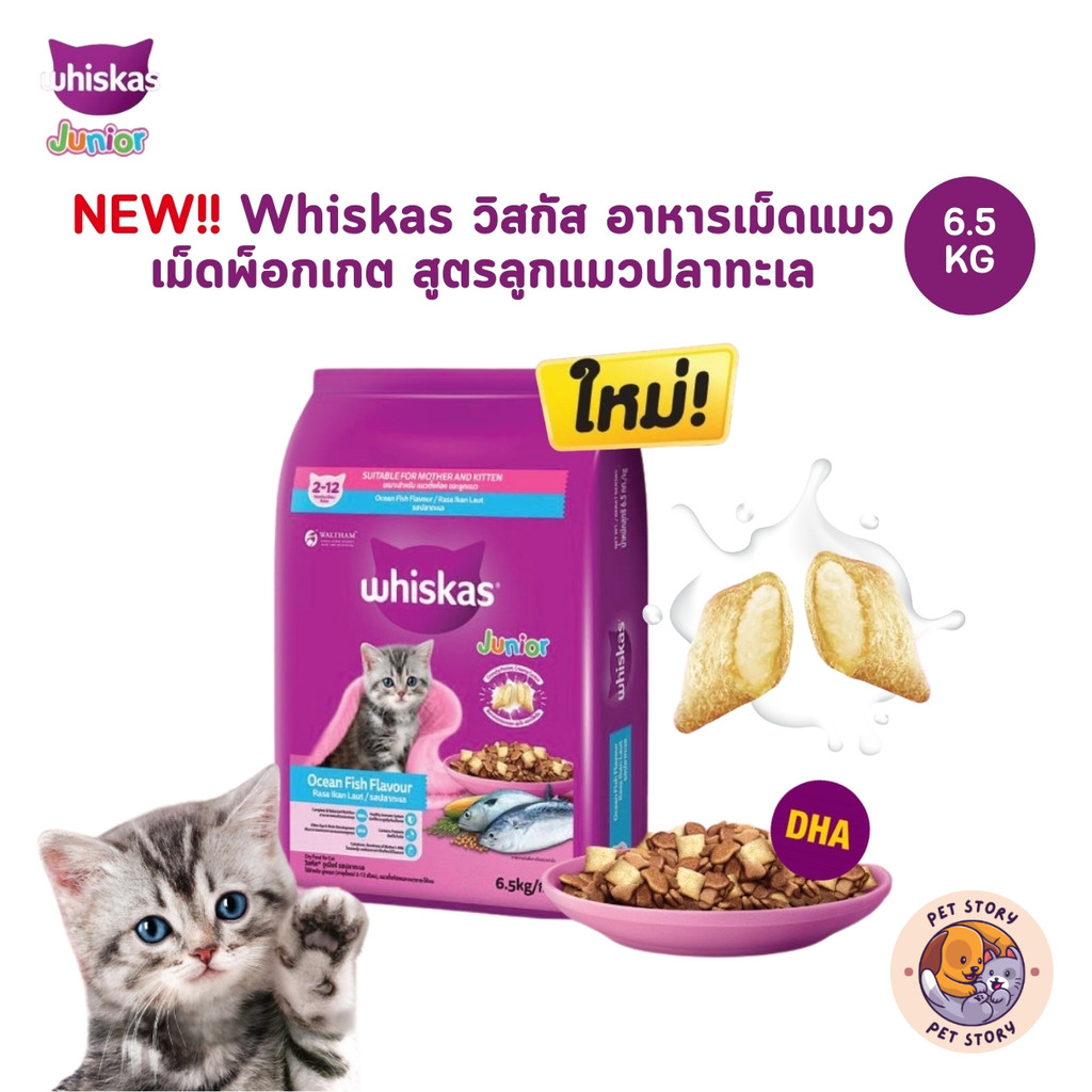 ใหม่! สูตรลูกแมว Whiskas วิสกัส อาหารแมว ชนิดแห้ง แบบเม็ด พ็อกเกต ขนาด 6.5 kg