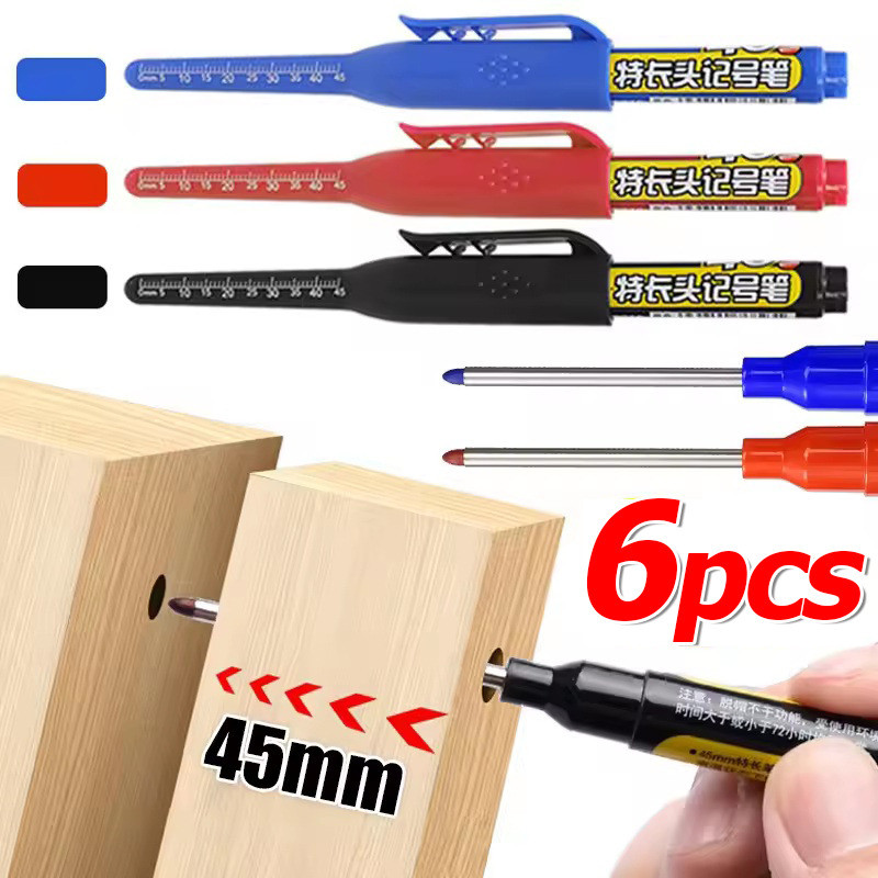 1-6 ชิ้น 45 มม. ปากกามาร์กเกอร์หลุมลึกกันน้ํา - ปากกาช่างไม้หัวปลายปากกายาวอเนกประสงค์ - หมึกสีดํา/น้ําเงิน/แดง รีฟิล