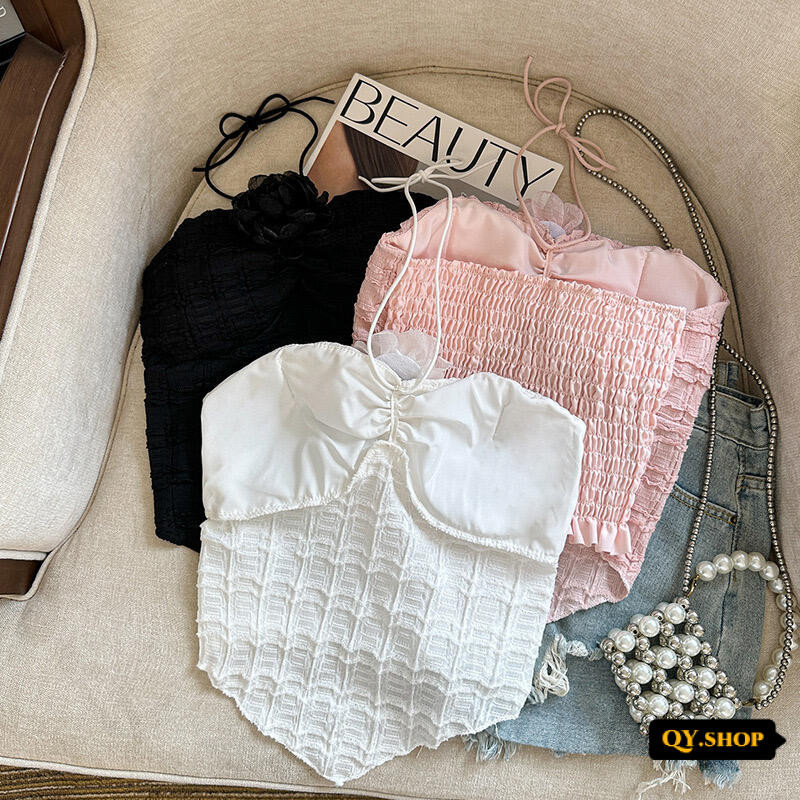 QY.Shop⭐️สินค้าราคาพิเศษ⭐️​พร้อมส่ง เสื้อเกาะอกผูกคล้อง ผ่าไหมพรม  แถมเข็มกัดดอกไม้มี 3สี  