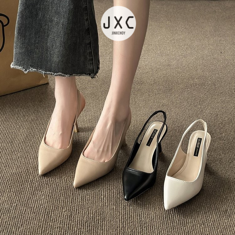 JINxCHOY French Pointed Toe Flat Buckle Strap รองเท้าแตะส้นสูง PU ส้นหนาแบบสวมน้ําหนักเบา All-Match แฟชั่นสุภาพสตรีทํางานรองเท้าส้นสูง