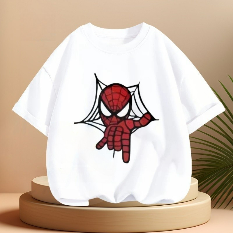 🕷️เสื้อยืดลายสไปเดอร์แมน เด็กชายผู้หญิง เสื้อยืดผ้าคอตตอน 100% ลายทาง TZCM2396 ตัวอักษร หลวม ลายสกรีน ฤดูร้อน สะกดสี