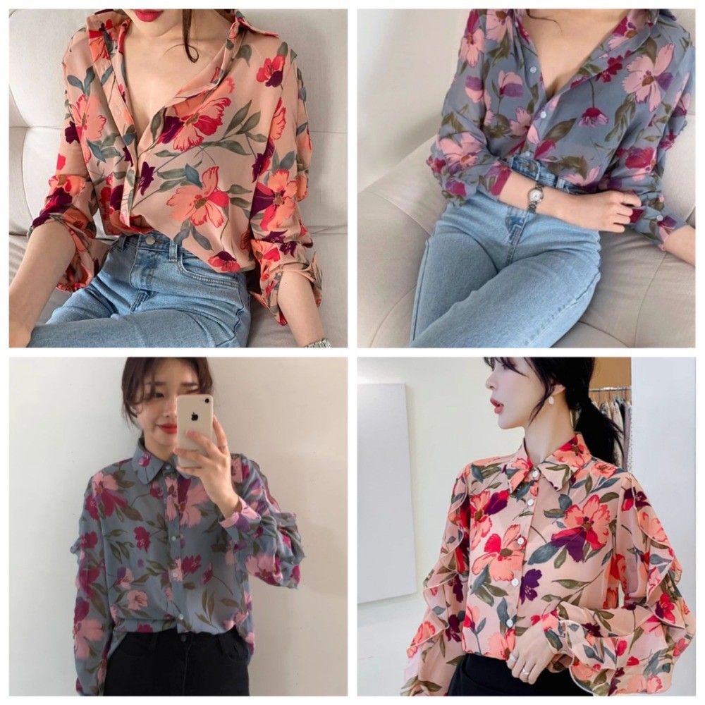 พร้อมส่งที่กทม เสื้อเชิ้ตแขนยาว ลายดอก ผ้าชีฟอง สีชมพู เกาหลีแฟชั่นผู้หญิง