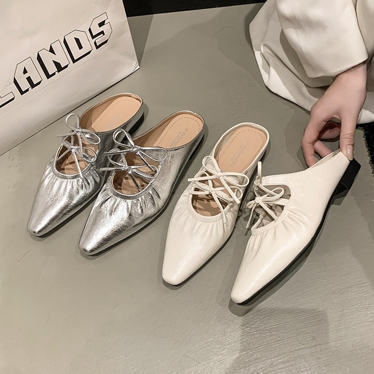 รองเท้าส้นแบนผู้หญิงแบบผูกโบว์ ปลายแหลม พื้นนุ่ม ยางสวมใส่