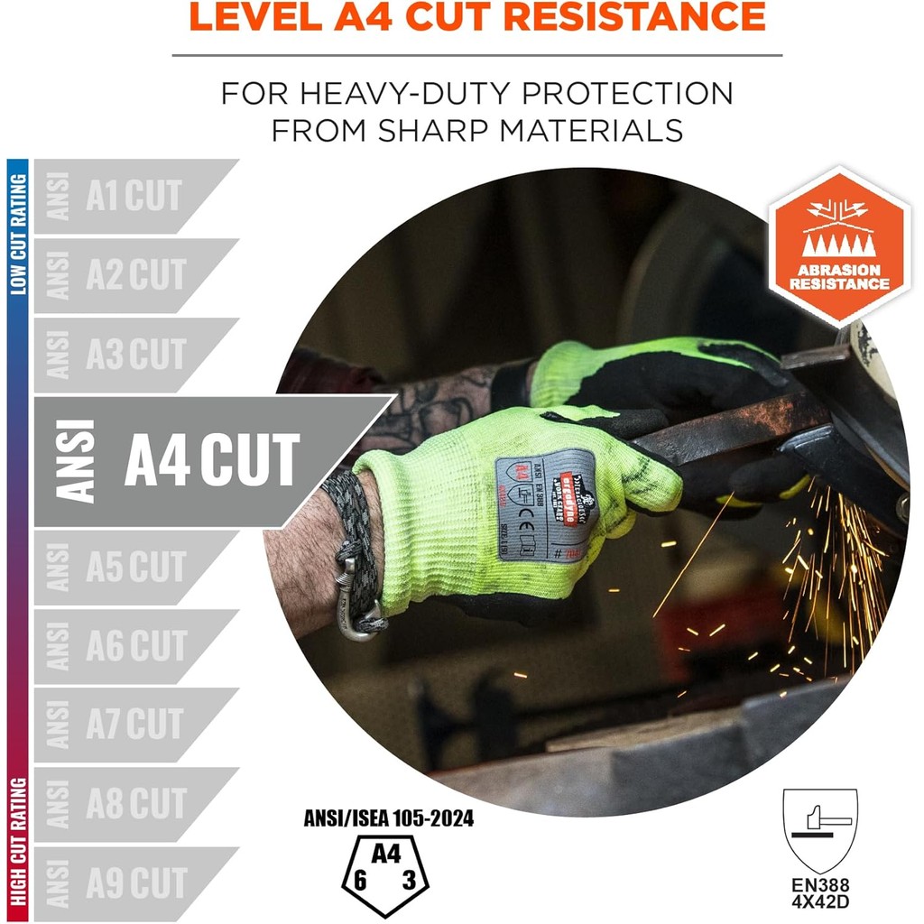 Ergodyne - 7041 2Xl ถุงมือเคลือบ Lime Nitrile Level 4 Cut (17816), 2X-Large (แพ็ค 1 ชิ้น) WOLG