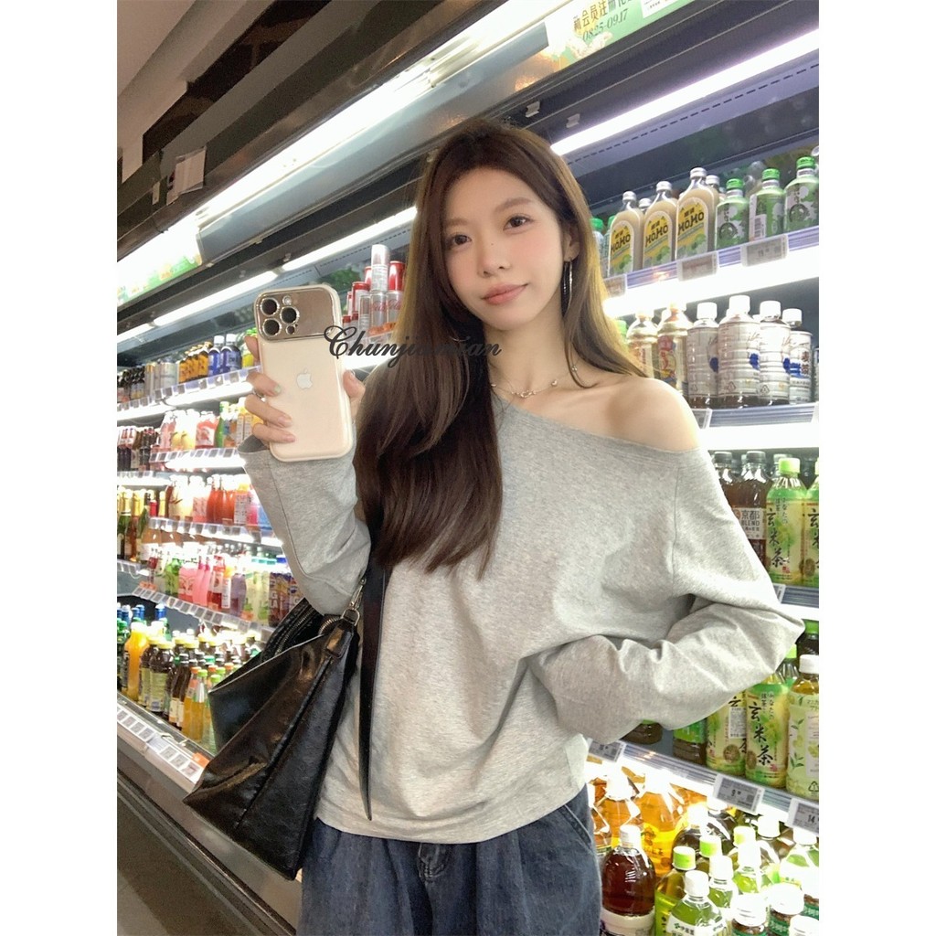 Chunjiamian เสื้อยืดผู้หญิงแขนยาวไหล่เดียว modal slouchy สองสวมเสื้อ bottoming หลวม