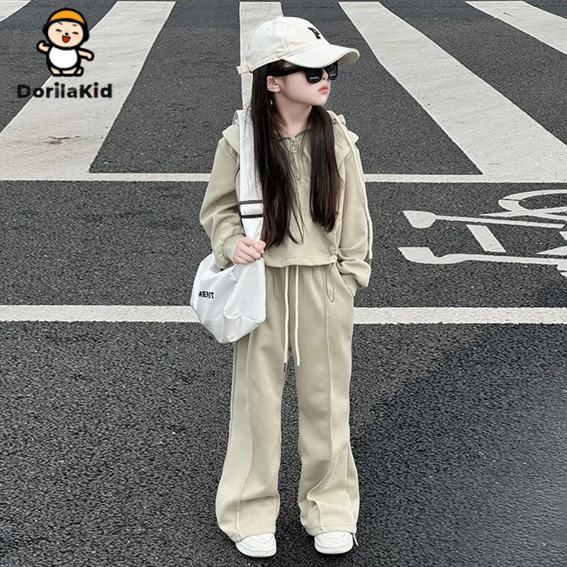 Dorila Girls 2024ฤดูใบไม้ผลิ/ฤดูใบไม้ร่วงใหม่2ชิ้น (กางเกงด้านบน) 3ถึง4ถึง5ถึง6ถึง7ถึง8ถึง9ถึง10ถึง11ถึง12ปีแขนยาวเสื้อกันหนาวหมวกกางเกงสำหรับเด็กสาวแฟชั่นชุดลำลอง terno
