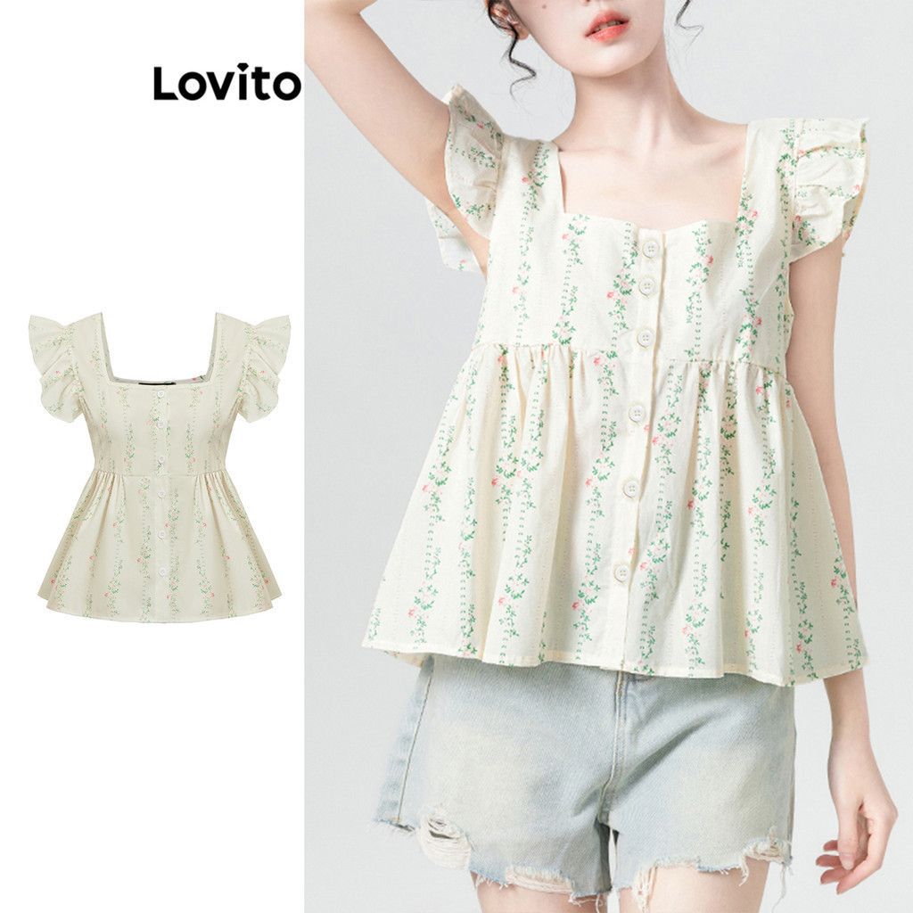 Lovito เสื้อเบลาส์ผู้หญิง มีกระดุม ขอบหยัก พิมพ์ลายดอกไม้ สไตล์หรูหรา L80ED098