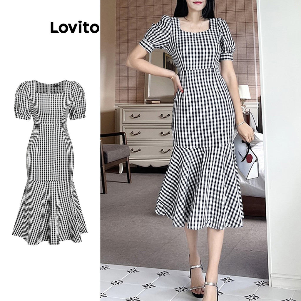 Lovito ชุดเดรสผ้ากิงแฮมเย็บแบบลำลองสำหรับผู้หญิง L109MD173