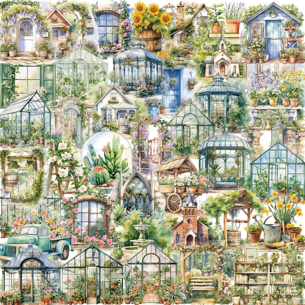 50 ชิ้น PET พลาสติก Transpanrent Flower Houses สติ๊กเกอร์กันน้ํา