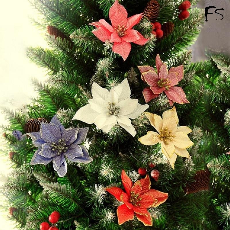 1/5/10 ชิ้น 13 เซนติเมตร Glitter ดอกไม้คริสต์มาสประดิษฐ์ Poinsettia ดอกไม้หัว Xmas Tree เครื่องประดับตกแต่งบ้าน Navidad ปีใหม่