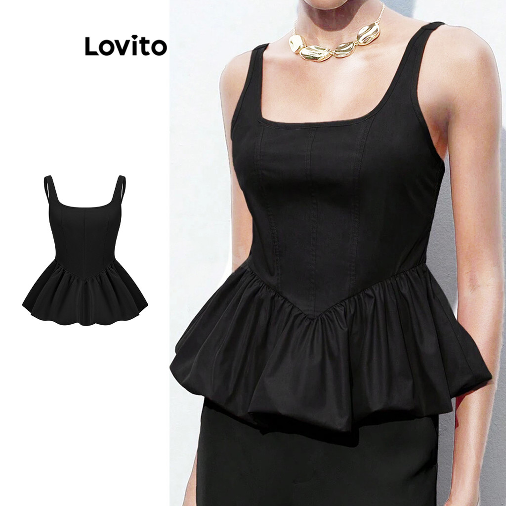 Lovito เสื้อกล้ามจีบทรงเรียบง่ายสำหรับผู้หญิง L108ED040