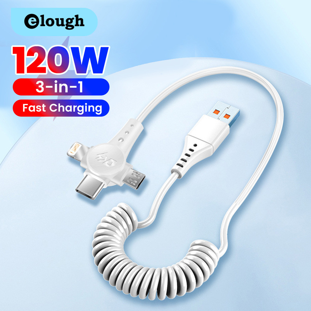 Elough 3in1 สาย USB ฤดูใบไม้ผลิสําหรับโทรศัพท์มือถือ Micro USB Type C สายชาร์จลวด