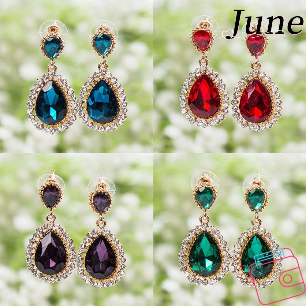 June ต่างหู Rhinestones หยดน้ําเงาหญิง Retro คริสตัล