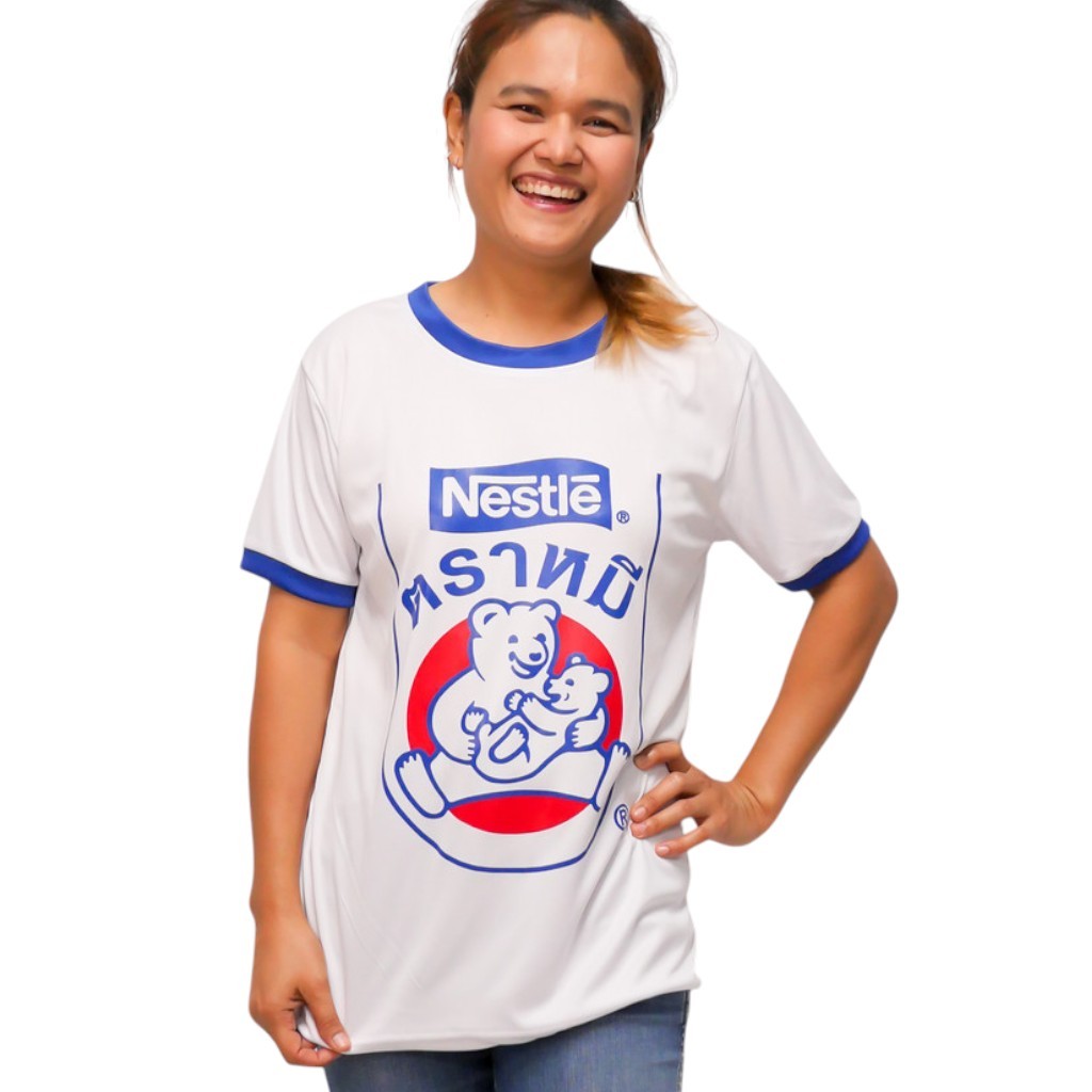 A050 เสื้อยืดคอกลม ผ้ากีฬาสกรีนลาย"นมตราหมี" แนววินเทจ มี5ไซส์ S,M,L,XL,2XL งานสกรีนสีสด ติดทน ซักไม่หลุด