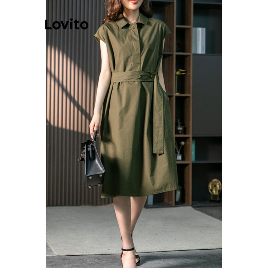 Lovito เดรสโปโลผู้หญิง สีพื้น สไตล์ลำลอง LNM68233