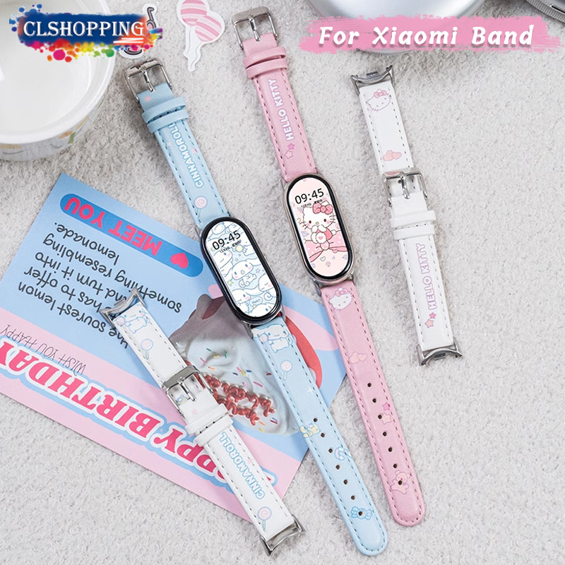 น่ารัก Hello Kitty สายหนังสําหรับ XIAOMI mi Band 9 8 NFC สร้อยข้อมือหนังสําหรับ miband 7 6 5 4 3 NFC สายรัดข้อมือสําหรับสาวเข็มขัดอุปกรณ์เสริม Sanrio Cinnamoroll รุ่นที่กําหนดเอง