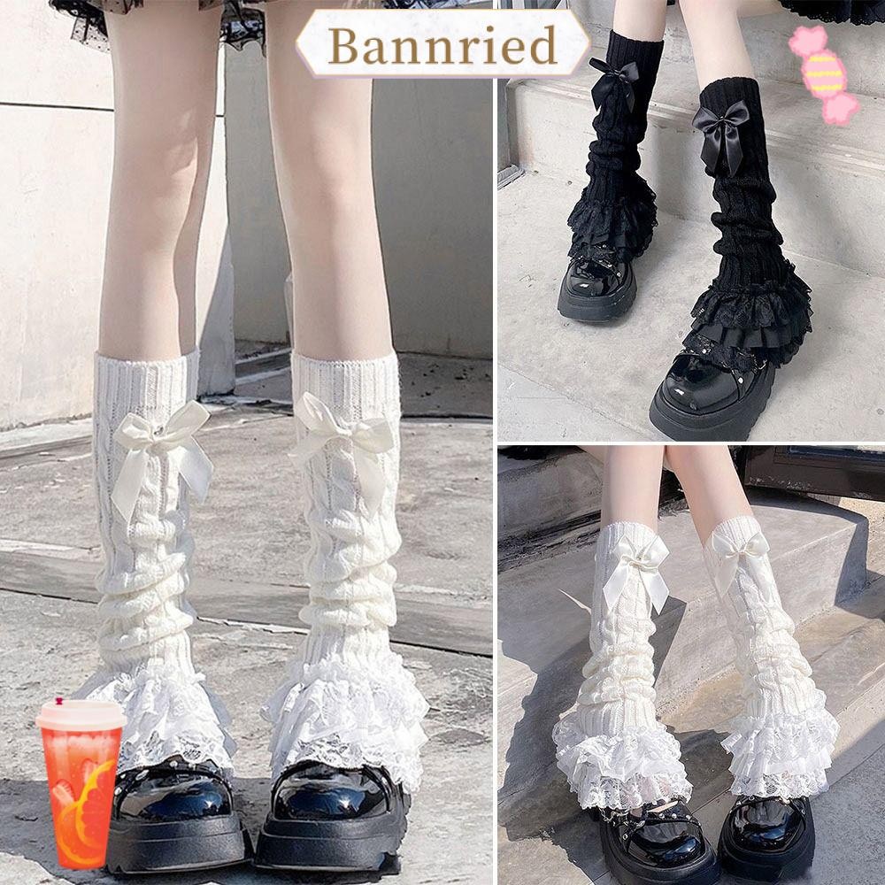 Bannriedsg989 ถักขาอุ่น, ฤดูหนาวที่อบอุ่น Bow Tiered Ruffled Horn ถุงเท้า, ญี่ปุ่น Punk หวาน Lolita สไตล์ Legging ถุงน่องผู้หญิงอุปกรณ์เสริม