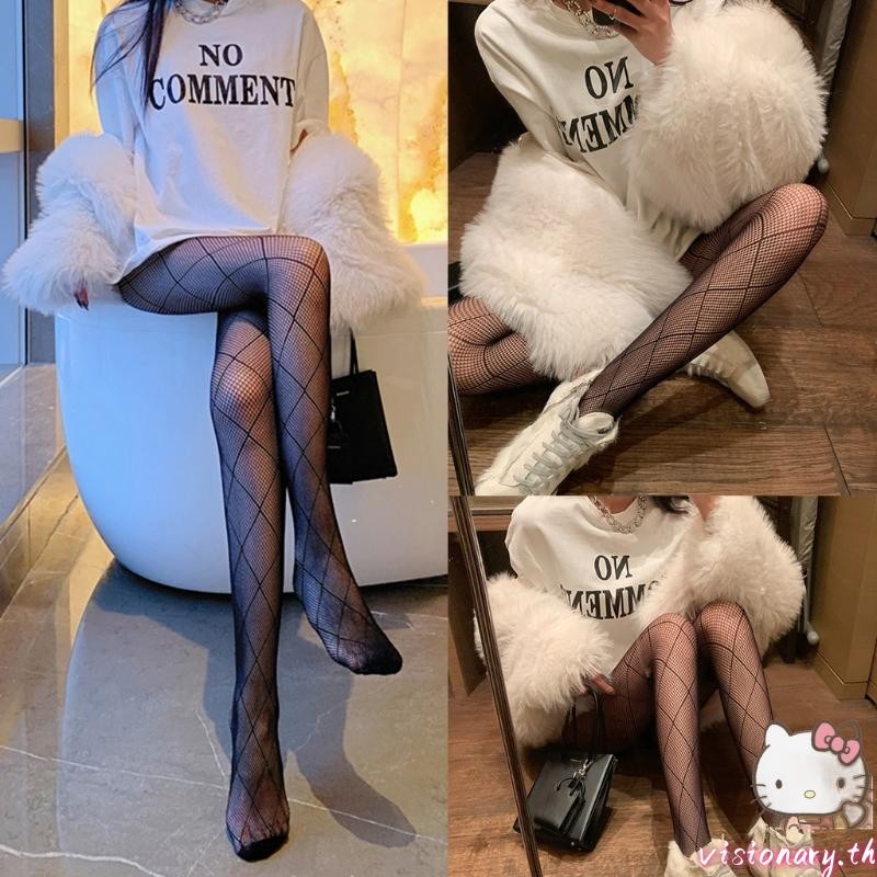 Vision ผู้หญิงสีดํา Fishnet Tights Gothic ลายสก๊อต Rhombus ตาข่าย Pantyhose ถุงน่อง