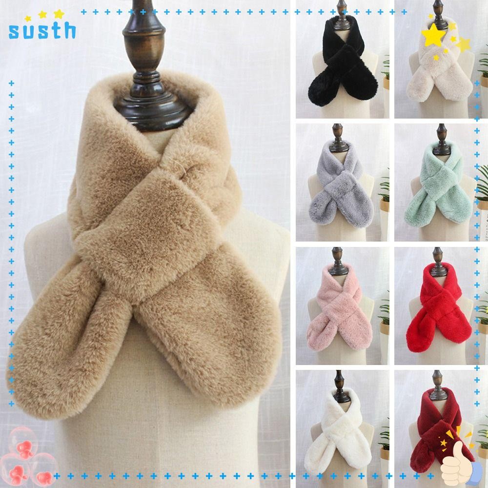 Susth ผ้าพันคอคอ, Thicken Faux Rabbit Fur Plush Cross Scarf, น่ารักสีทึบ Neckerchief Wrap Girls
