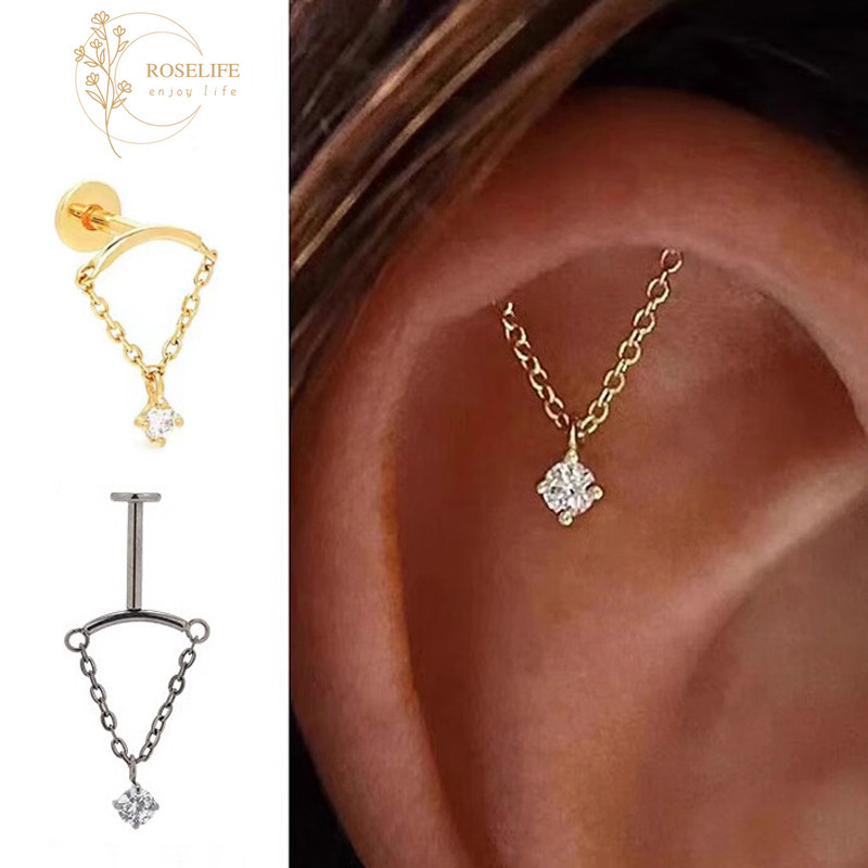 Roselife 1PC 14K Gold Chain คริสตัล Charm เจาะสกรูต่างหูผู้หญิงหญิง Hypoallergenic เกลียวกระดูกอ่อนหู Studs เครื่องประดับ