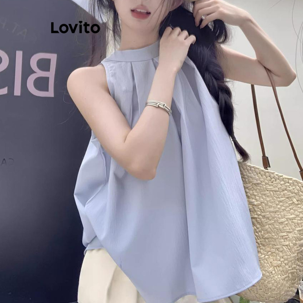 Lovito เสื้อแขนกุดผู้หญิง เปิดไหล่ จับจีบ สีพื้น หรูหรา LNE61173
