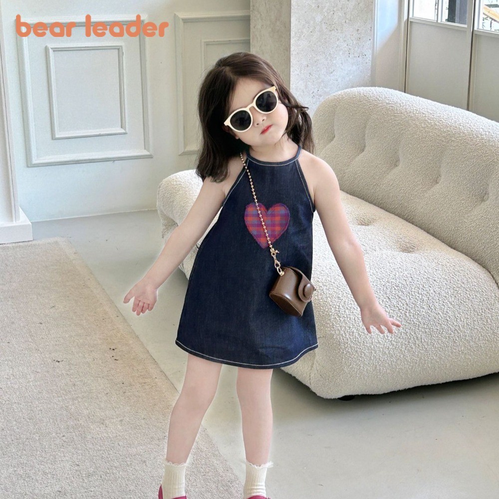 หมีผู้นําเกาหลีแขวนชุดยีนส์ฤดูร้อนรักลายสก๊อตพิมพ์สาวเสื้อผ้า2-7ปีสบายๆเด็กสวมใส่