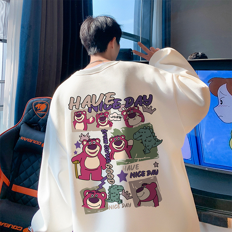 เสื้อกันหนาว พลัสไซส์หลวม คอกลม แฟชั่นสำหรับผู้ชายและผู้หญิง สตรอเบอร์รี่หมี เสื้อนุ่มมากกก อุ่นด้วย หนากำลังดี