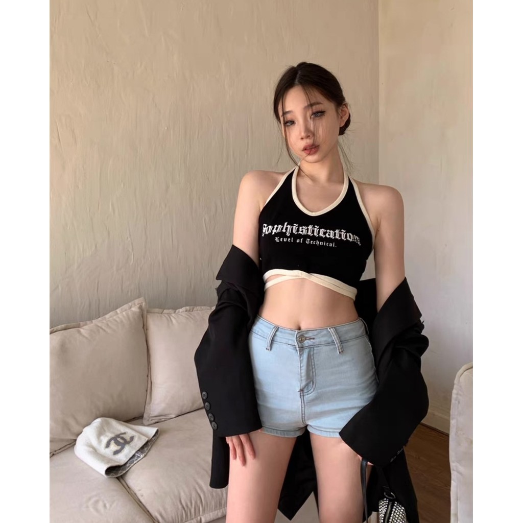 Alva พร้อมส่ง เสื้อสายเดี่ยว แฟชั่น สายคลัองคอ ครอปเซ็กซี่ ดีเทลสายผูกเอว สกีนลายสีพื้น เซ็กซี่น่ารักเบาๆ #YJN2489