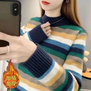 ครึ่งคอเต่าลายเสื้อกันหนาวผู้หญิง 2025 ฤดูใบไม้ร่วงฤดูหนาวสไตล์ใหม่เกาหลีรุ่นหลวมถักเสื้อ จุดต่ําสุด ด้านนอก เรา