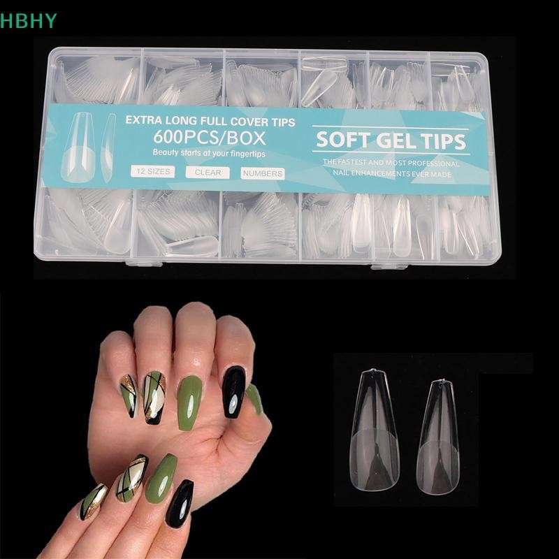 HB 600 ชิ้น/กล่อง Soft Gel เล็บเคล็ดลับอุปกรณ์,คลุมทั้งหมดเล็บปลอมเคล็ดลับสําหรับเล็บอะคริลิคเจล,อัลมอนด์เล็บเคล็ดลับ HY