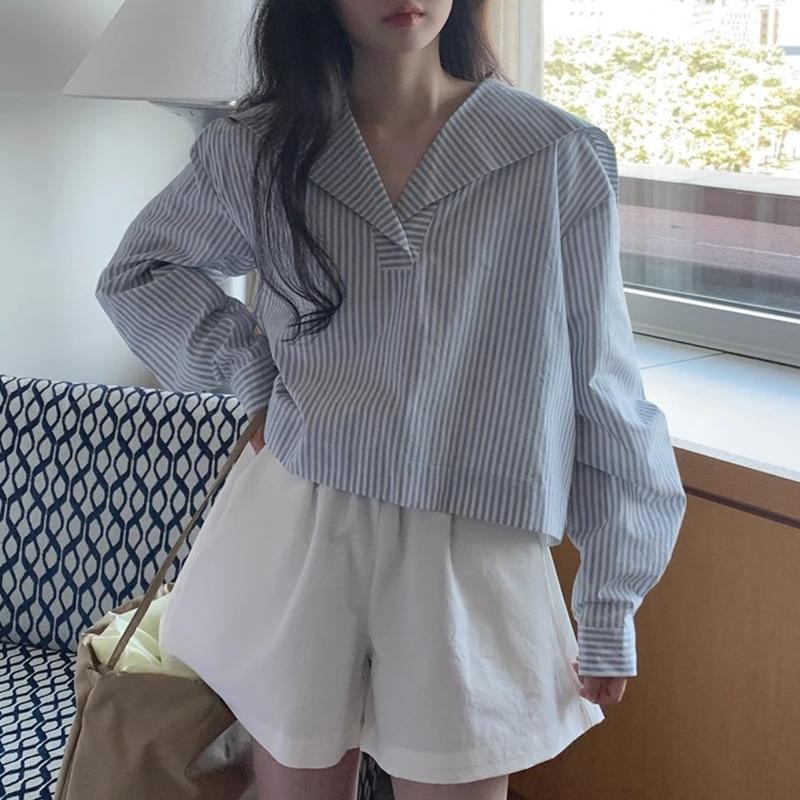 KOKO#เสื้อเชิ้ตคอปกสีกรมท่าแขนยาวลายทาง สไตล์วิทยาลัย คอวี เสื้อครอปทรงหลวม #w519 - รูปที่ 5