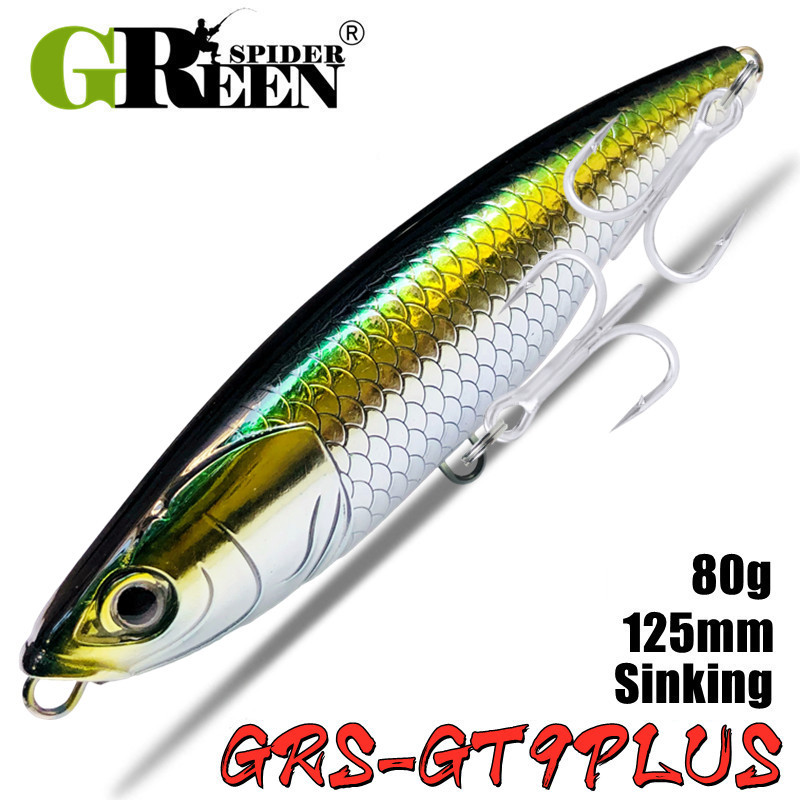 Greenspider ใหม่ 125 มม.80g Sinking Sea Fishing Lures ดินสอ Tuna Predator ตกปลา Seabass GT ทูน่าเหยื่ออุปกรณ์ตกปลา