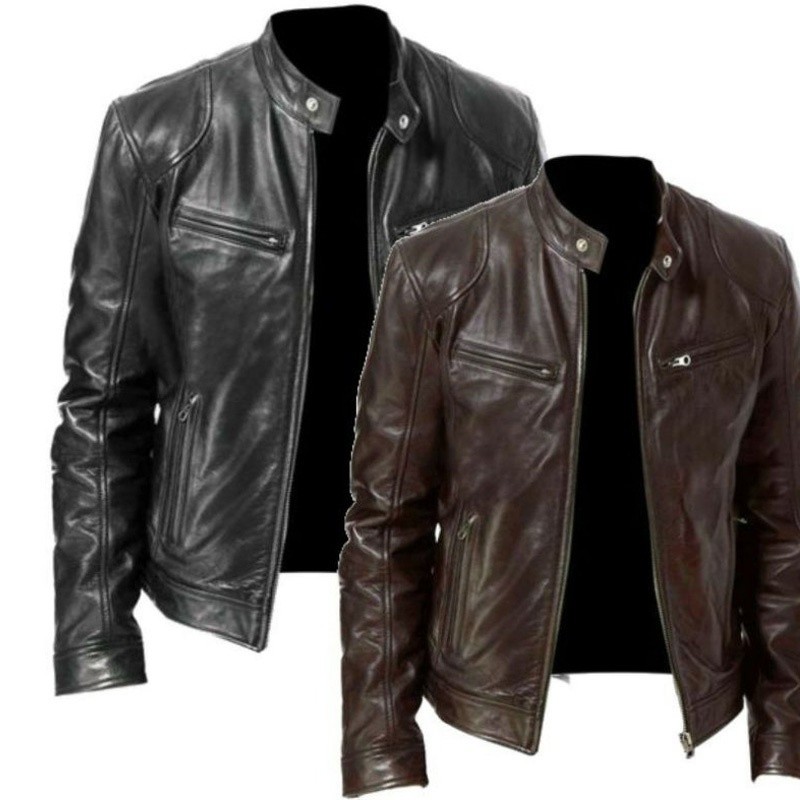 2024 แจ็คเก็ตหนังใหม่สำหรับผู้ชาย ยืนคอเพรียวบางซิปพังค์หัวรถจักรเสื้อลม L-4XL