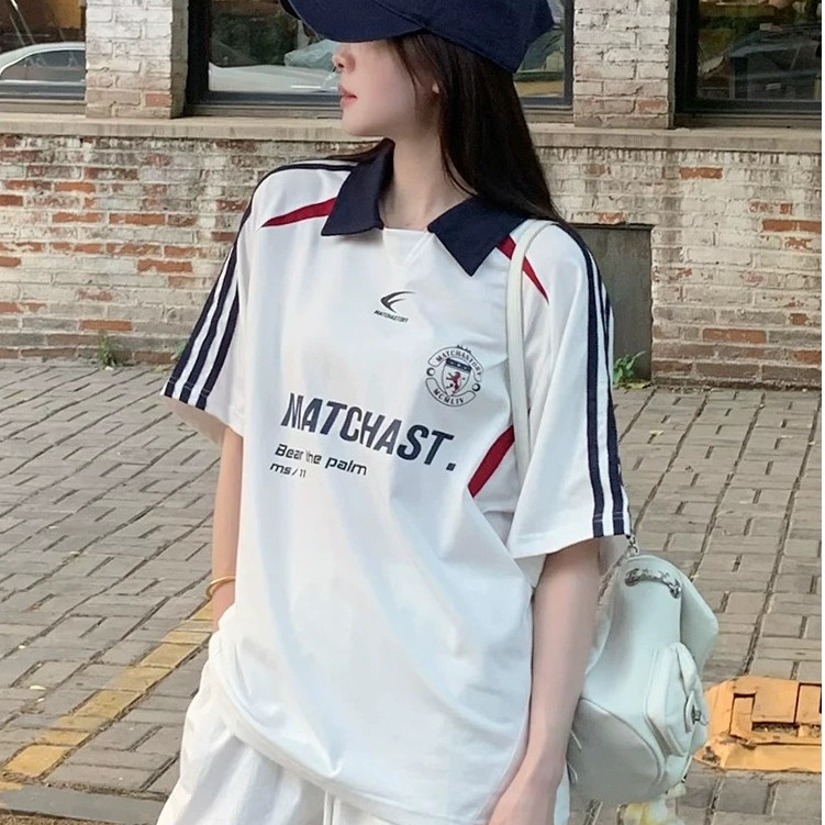 BECoolMan-เสื้อโปโลปกฮิปฮอปคู่รัก  เสื้อยืดทรงหลวมสไตล์ย้อนยุค  ชุดแข่ง ยอดนิยม ขยายใหญ่  กีฬาแมทช์ง่าย