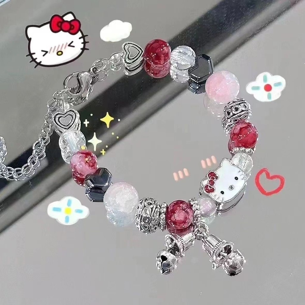 New Girl Heart Pink Beaded KT Cat Bracelet แฟชั่น Dopamine Cat Bell Bracelet สร้อยข้อมือการ์ตูน