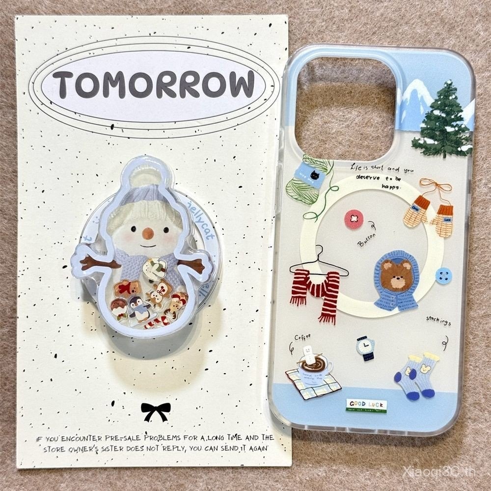 เคสโทรศัพท์สำหรับ iPhone 7 8 x XS XR xsmax 11 12 13 14 15 16 Pro Max PLUS Snow Mountain Bear Snowman Shake Le Snowman Magnetic Bracket เคสนิ่มป้องกันการตกกระแทกเคสป้องกัน Uplf