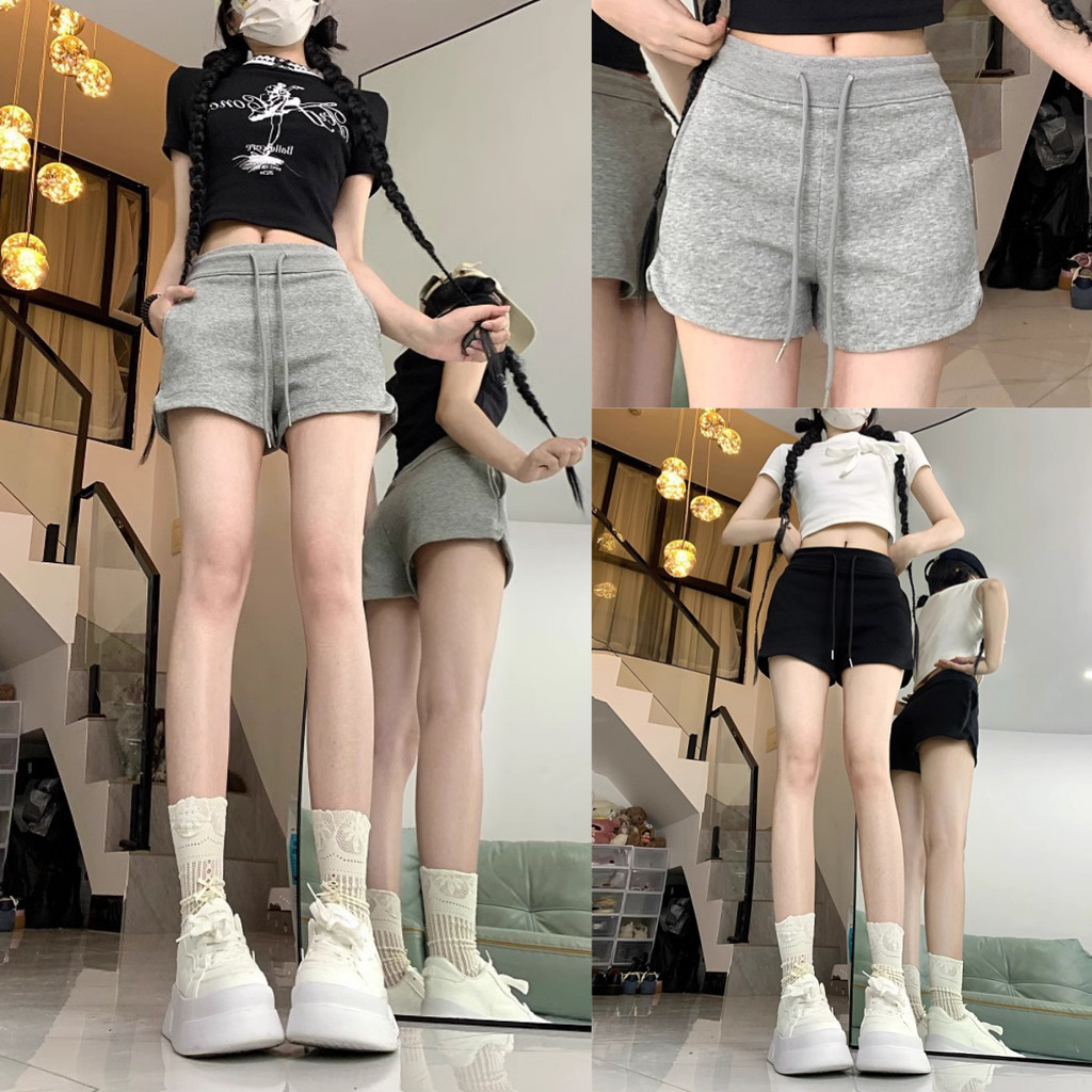 Bella Shop เวอร์ชั่นเกาหลีหลวมสบายๆสีทึบกีฬากางเกงขาสั้นผู้หญิง