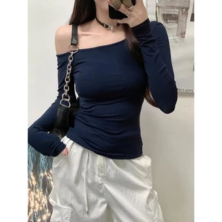 Anata เสื้อยืดปาดไหล่แขนยาวแฟชั่นสตรีเซ็กซี่ เสื้อครอปทรงเข้ารูป ดีไซน์เรียบง่าย Women Clothing