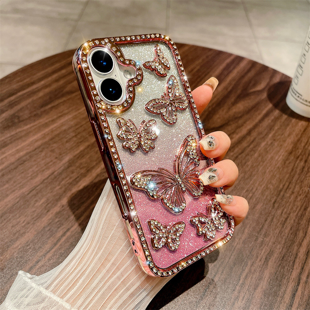 ประกายเพชรผีเสื้อเคสโทรศัพท์สําหรับiphone 16 11 12 13 14 15 pro max 15 16 plus Anti DROPเลนส์ป้องกันTPU soft SHELLเคสโทรศัพท์