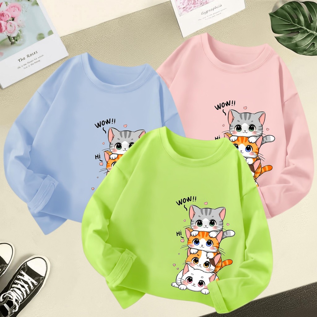 เสื้อยืดแขนยาวลายแมวน่ารัก 3-12 ปี สีทึบ ทรงยูนิเซ็กซ์ คอกลม สําหรับเด็กอ่อนและทารก